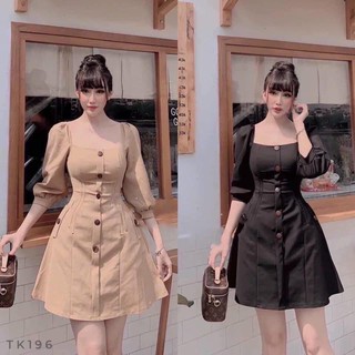10581 Đầm Xoè Nút gỗ cổ u