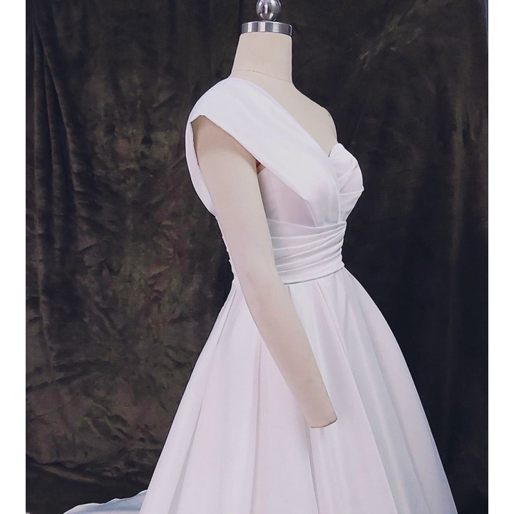 ĐẦM 1 VAI XOÈ MẶC CƯỚI XẾP LY ĐẮP CHÉO BO EO MS1135y