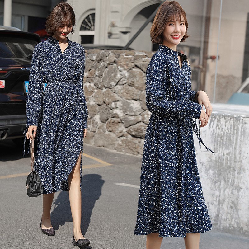 Korean Vintage Long Sleeve Casual Dresses Women Spring Summer Print V Neck Midi Dress Blue