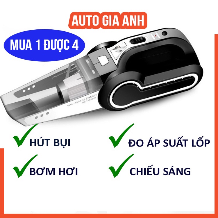 Bơm lốp ô tô mua 1 được 4 bơm xe máy hút bụi máy đo áp suất lốp và đèn chiếu sáng có trong chiếc máy bơm lốp đa năng này