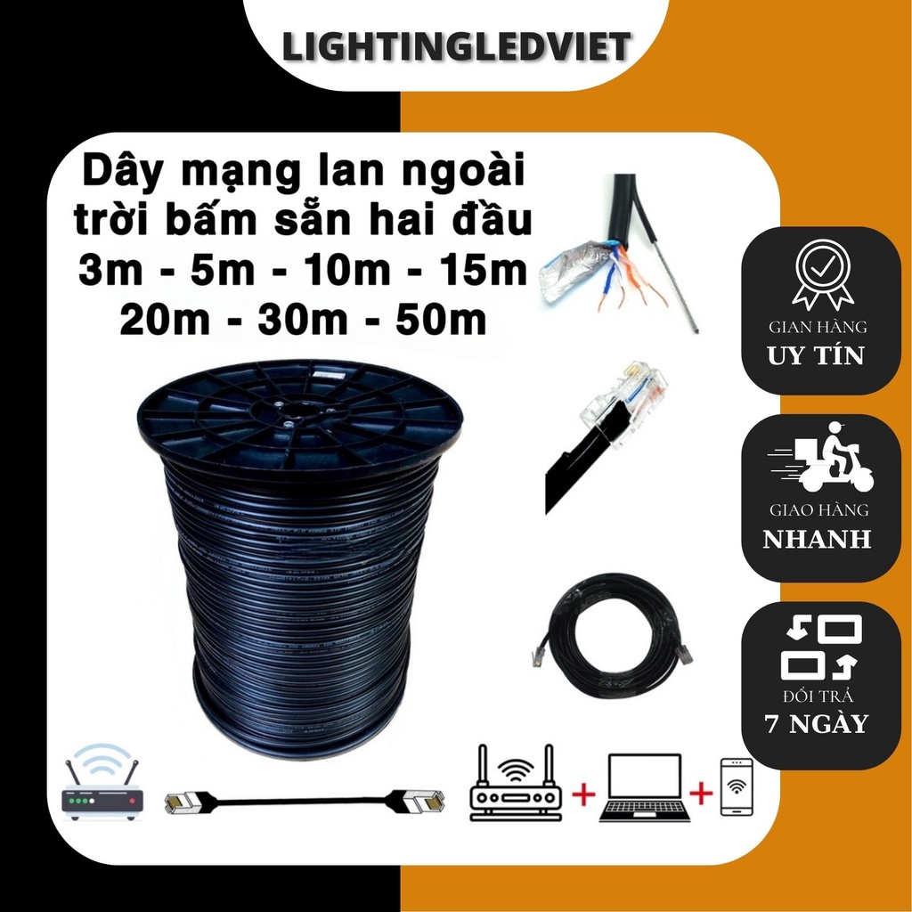 Dây mạng ngoài trời bấm sẵn, cáp mạng 4 lõi đồng có gia cường trợ lực,bảo hành 12 tháng,cat 3