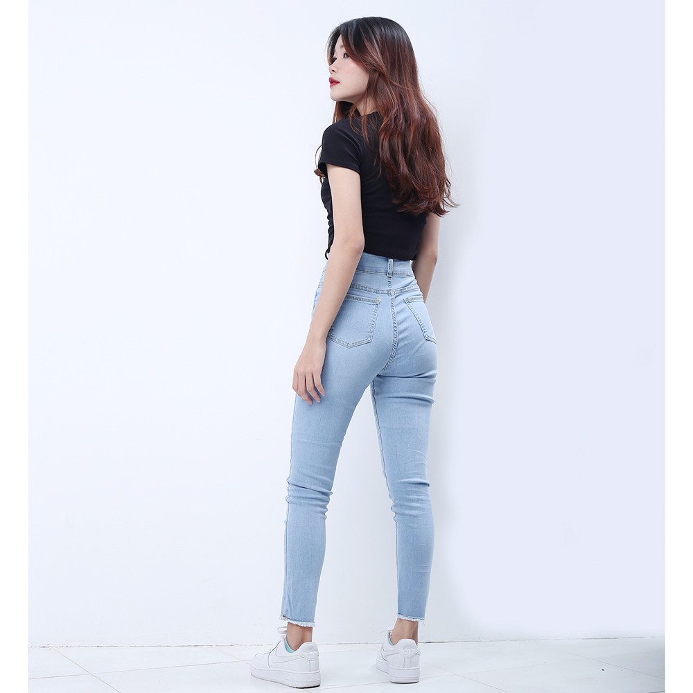 Quần jeans nữ co giãn SAIGONJEAN cạp siêu cao đắp nịt màu xanh trắng QD025 - quần bò nữ ulzzang