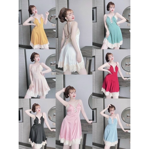 Đầm Ngủ Lụa 2 Dây Sexy Nữ, Váy Ngủ Nữ, Lụa Latin phối ren kèm mút + Quần, hình chụp thật, Freesize 40_60kg,tuỳ chiều cao