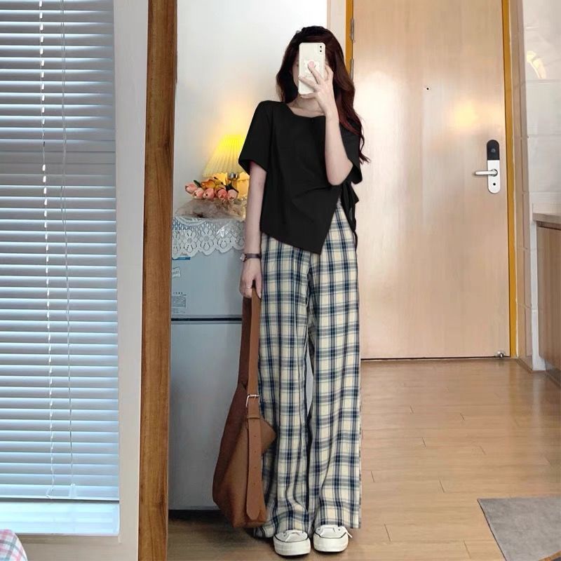 [Spot] Set Áo + Quần Ống Rộng Màu Trơn Cột Dây Thời Trang retro Phiên Bản Hàn Quốc