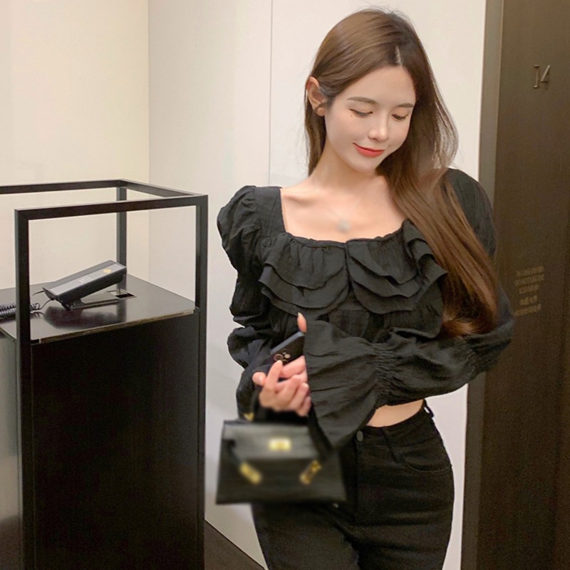 Áo kiểu croptop tay dài phồng cổ vuông phối bèo nhún vải chiffon xinh xắn dành cho nữ