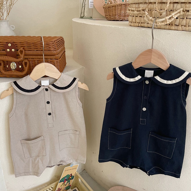 Áo Liền Quần Không Tay Màu Xanh Lam / Xám Cho Bé Trai &amp; Gái Sơ Sinh