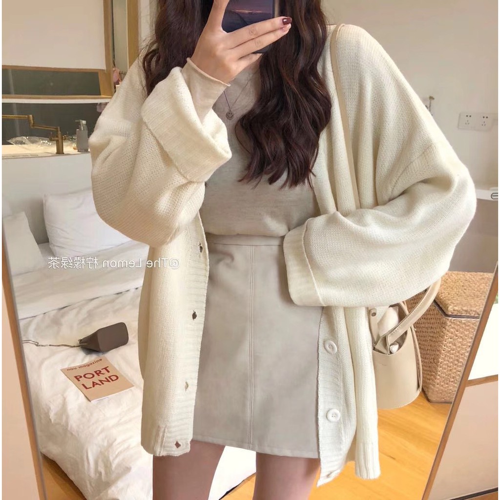 Hàng Sẵn_ Áo khoác len nữ Cardigan áo dệt kim dáng dài phong cách Hàn