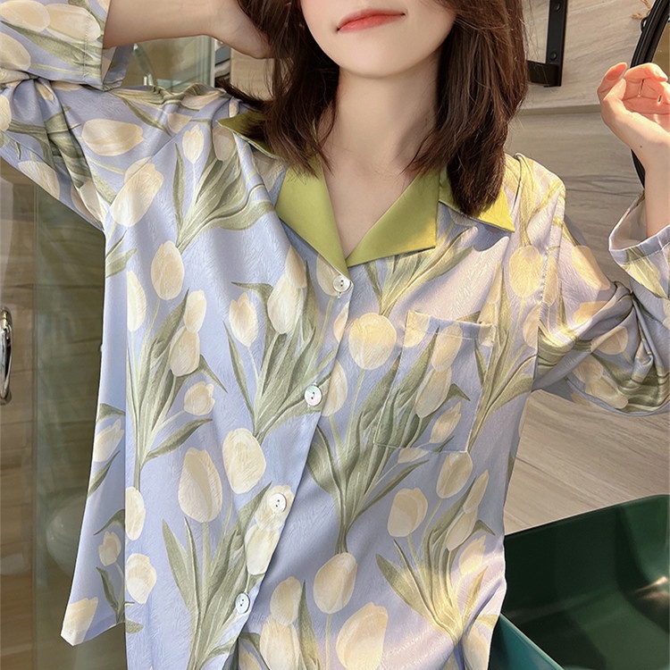 Bộ Đồ Ngủ Tay Dài Bằng Lụa Lạnh In Hình Hoa Tulip Phong Cách Mới 2022