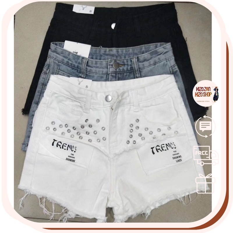 Quần short jean nữ hàng Quảng Châu màu trắng đen xanh, quần đùi tua gấu túi chữ 8049 G10 Kizoshop