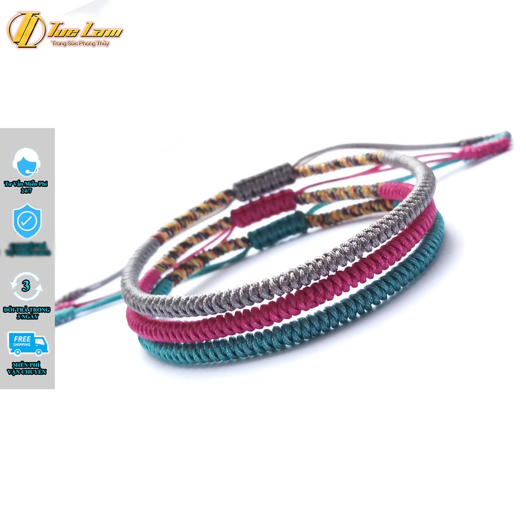 Vòng tay set 3 vòng chỉ tibets tây tạng màu xám hồng xanh bện handmade may mắn bình an