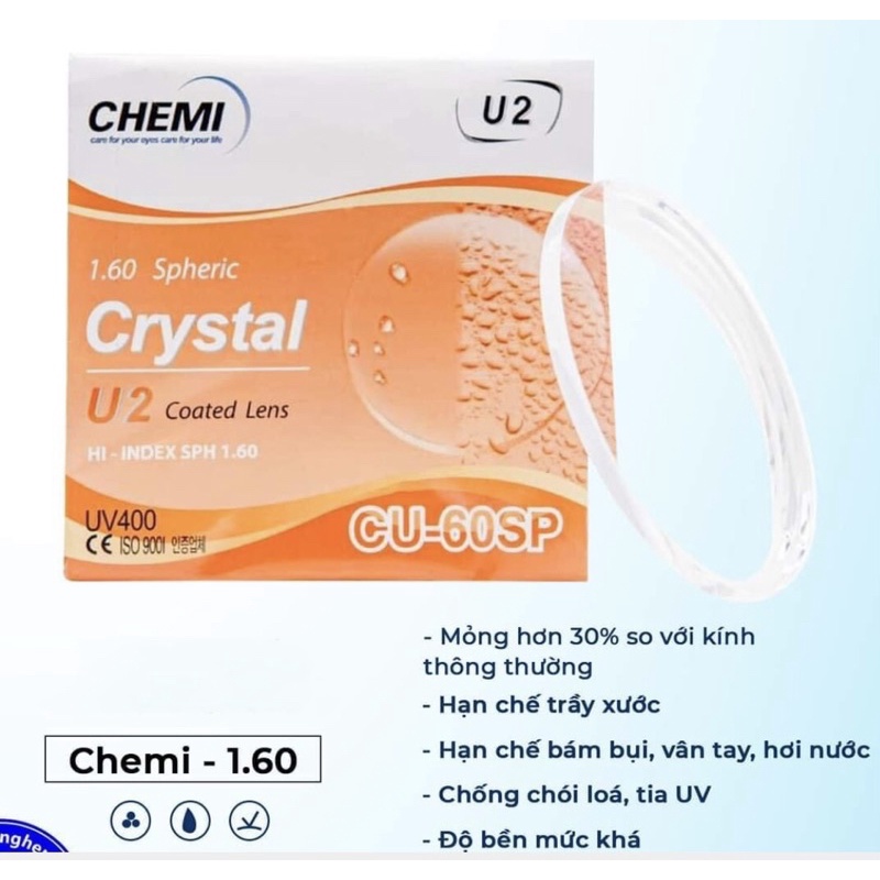 Tròng kính CRYSTAL BY CHEMI U2 Hàn Quốc chiết suất 1.60 SP HMC