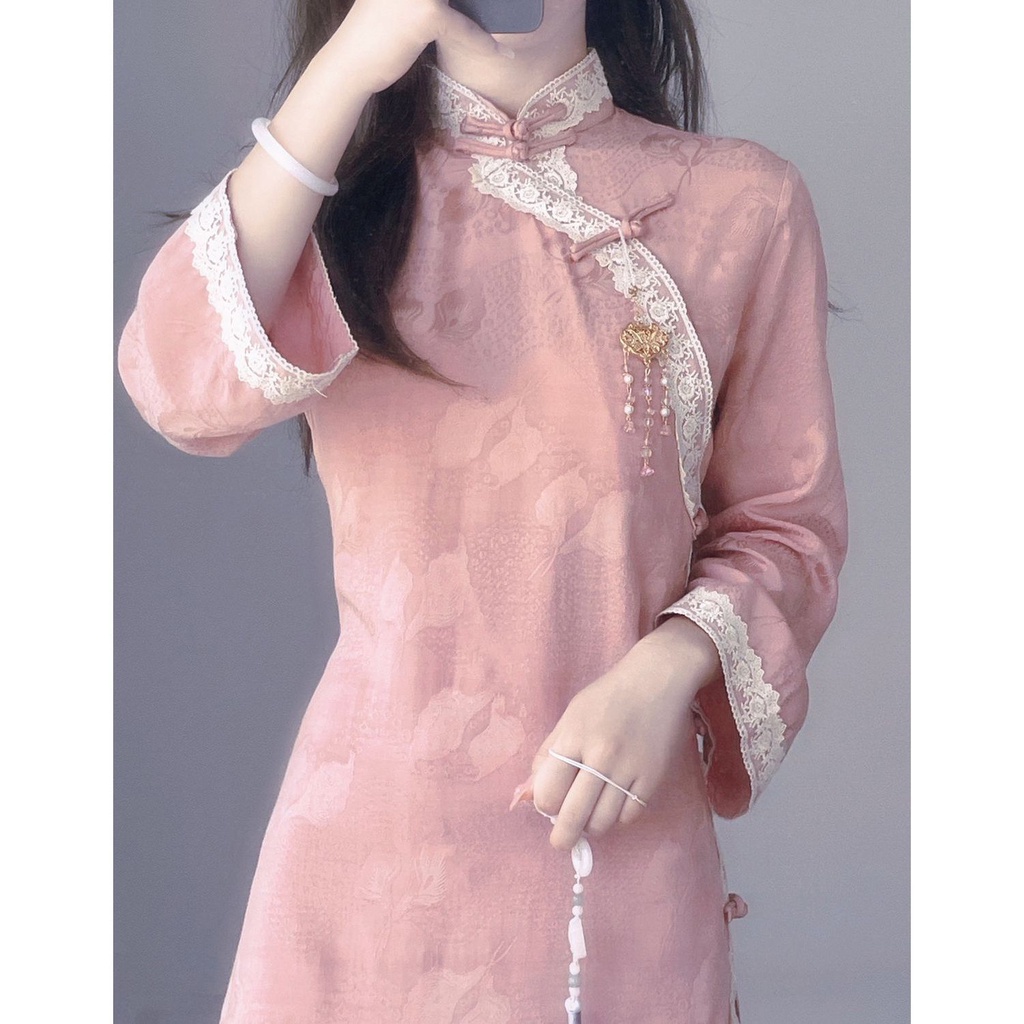 [M &amp; E] Đầm Sườn Xám Cách Tân Cổ Điển Tay Áo Lớn 1930 Thanh Lịch {Daizi Pink} Trẻ Trung Cho Nữ X4YB