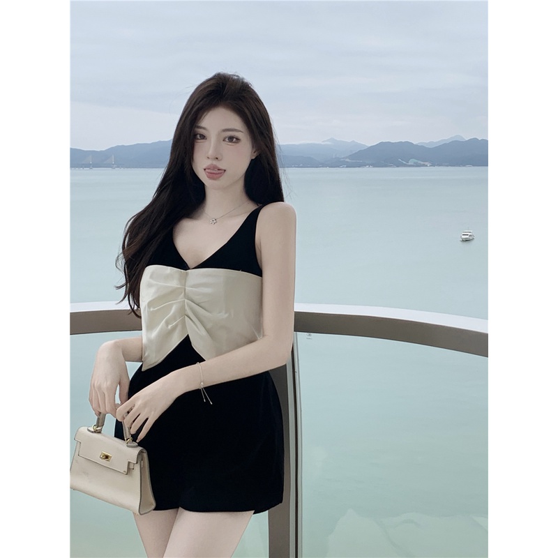Bộ Áo Liền Quần Hai Dây Ống Rộng Thắt Nơ Phong Cách Trung Hoa Mùa Hè Mới
