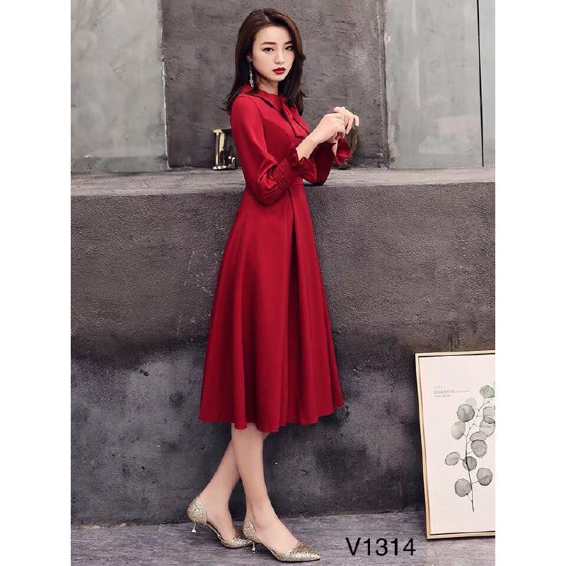 [ xả kho ] MiD Đầm đỏ umi bo tay V1314 cổ nơ thiết kế Mie Design kèm ảnh thật