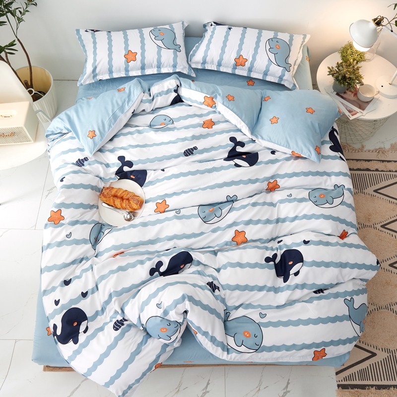 Bộ Chăn Ga Gối Cotton Poly Cá Heo Xanh Đáng Yêu - Set 4 Món Đủ Size