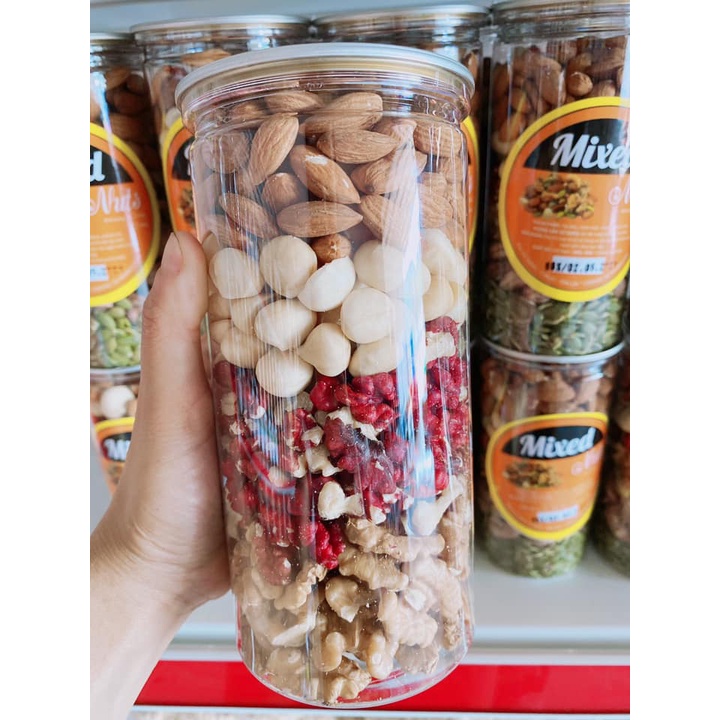 Hạt dinh dưỡng mix 5 loại hạt macca, hạt điều, óc chó, hạt bí, hạt hạnh nhân hộp 500g loại cao câp
