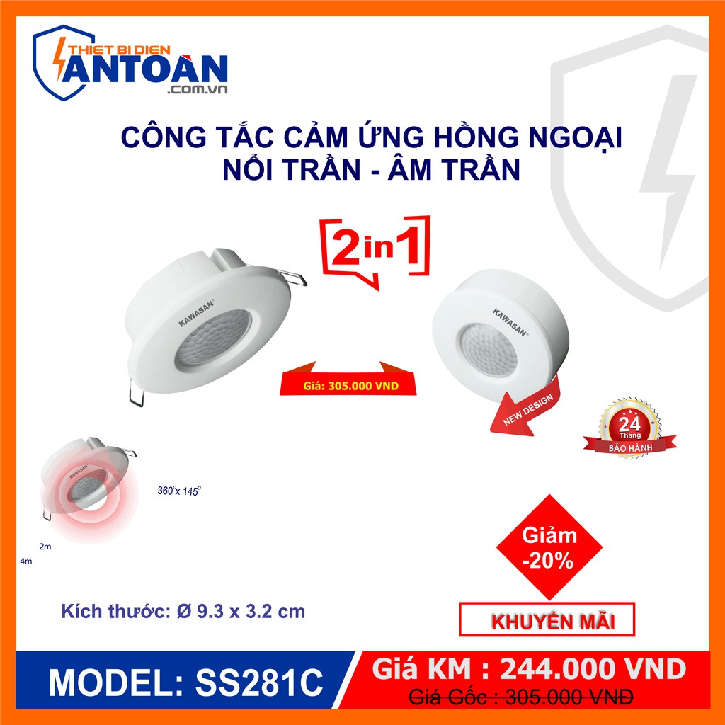 Công Tắc Cảm Ứng Hồng Ngoại Chức Năng 2 Trong 1 Lắp Âm Trần Nổi Trần KW-SS281C