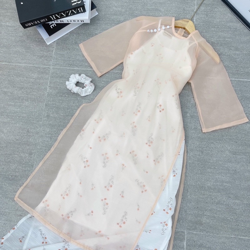 Set áo dài voan tơ thêu hoa kèm cột tóc