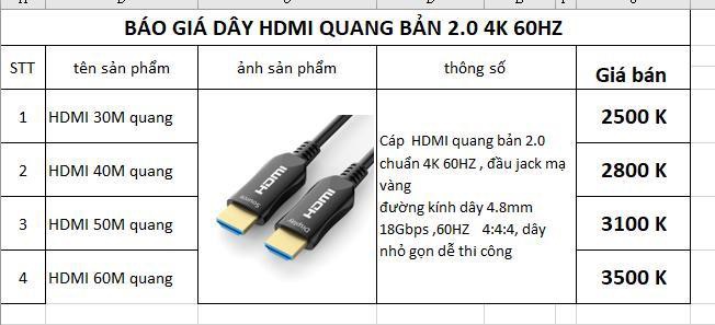 Dây HDMI quang cao cấp nhập khẩu bản 2.0 xuất hình ảnh 4K dài 30m, 40m, 50m, 60m, 100m. Báo giá 1 dây