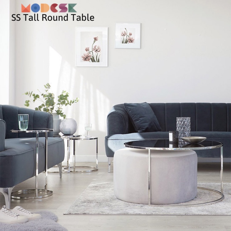 Bàn trà, sofa đôi Modesk SS Tall Round Table hiện đại inox 304, kính cường lực [phòng khách, ngủ]