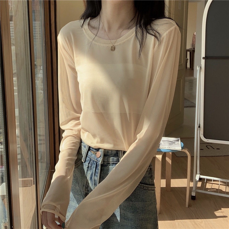 Áo Thun Tay Dài Vải Lụa Mát Mỏng Phối Lưới Màu Sắc Ngọt Ngào Thời Trang Mùa Hè Cho Nữ