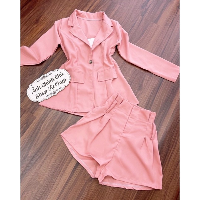Set vest hồng 3 món áo thun ống trắng + blazer + quần ngắn lưng cao, thời trang công sở đi chơi dự tiệc thanh lịch