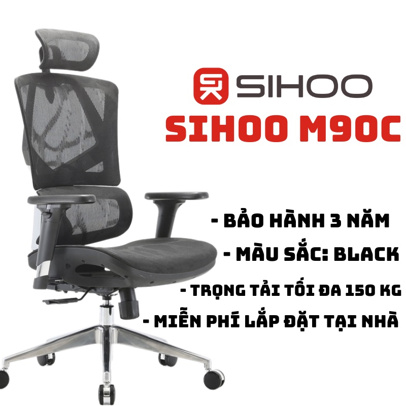 SIHOO M90C Đen / Xám - Ghế lưới văn phòng thiết kế công thái học, đỡ thắt lưng nâng hạ, điều chỉnh cột sống
