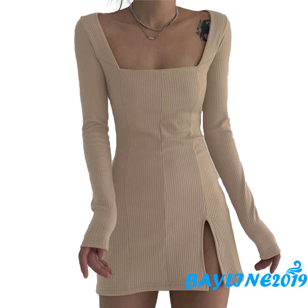 Đầm Tay Dài Cổ Vuông Xẻ Tà Màu Trơn Thời Trang Cho Nữ