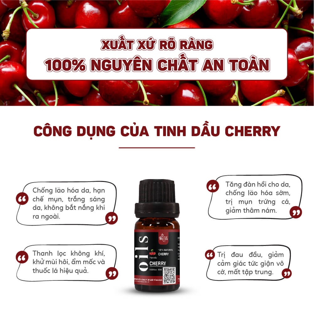 Tinh dầu Xông Cherry Haeva Cao Cấp, 100% Thiên Nhiên, Khử mùi hôi, thanh lọc không khí, Chai 10ml/30m/100ml