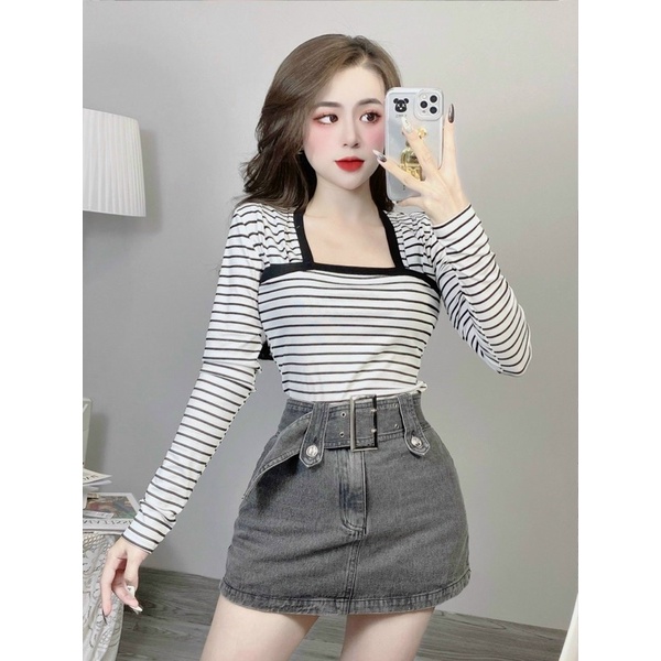 ÁO THUN TĂM CỔ VUÔNG KẺ NGANG DÁNV BASIC MS10581