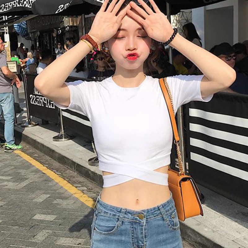 Áo croptop tay ngắn màu trơn thiết kế độc đáo thời trang quyến rũ cho nữ