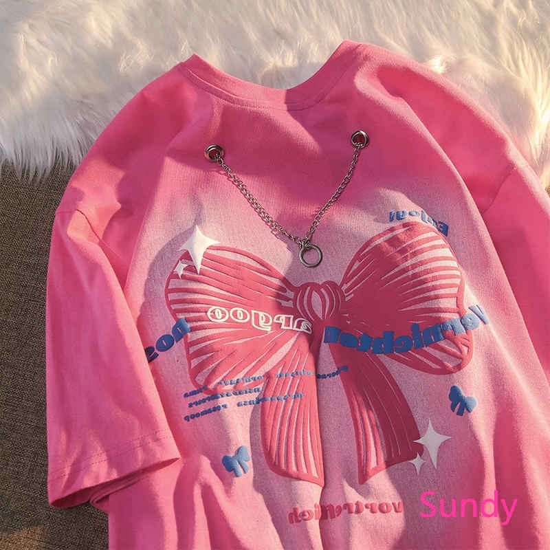 Áo Thun Tay Ngắn Dáng Rộng Phối Nơ Plus Size Thời Trang Hè Xinh Xắn Cho Nữ