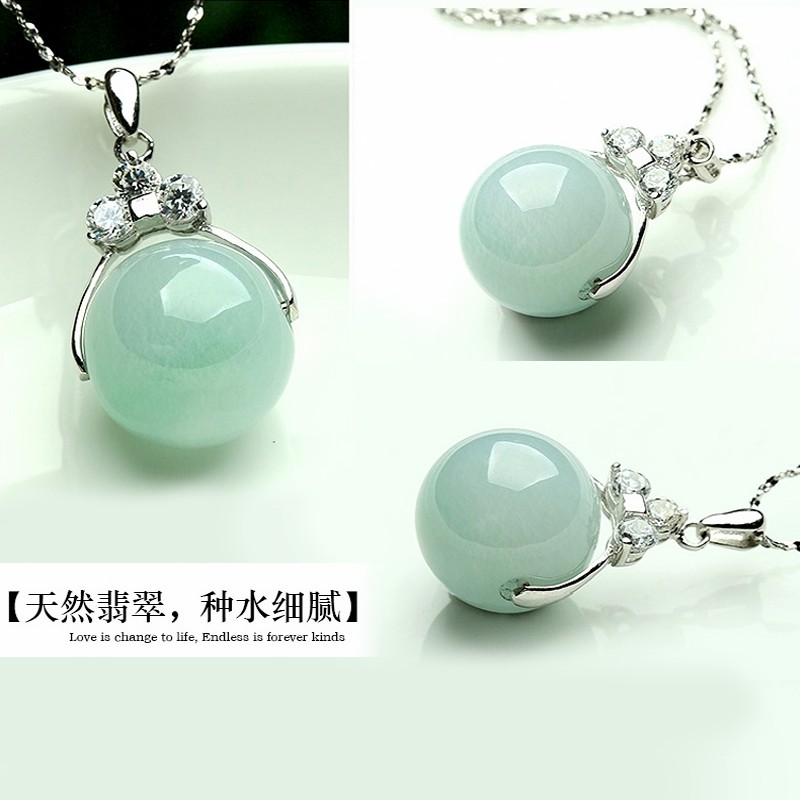 Tự nhiên Jadeite A Mặt dây chuyền Hạt tròn Vòng cổ bạc Của phụ nữ Cửa hàng