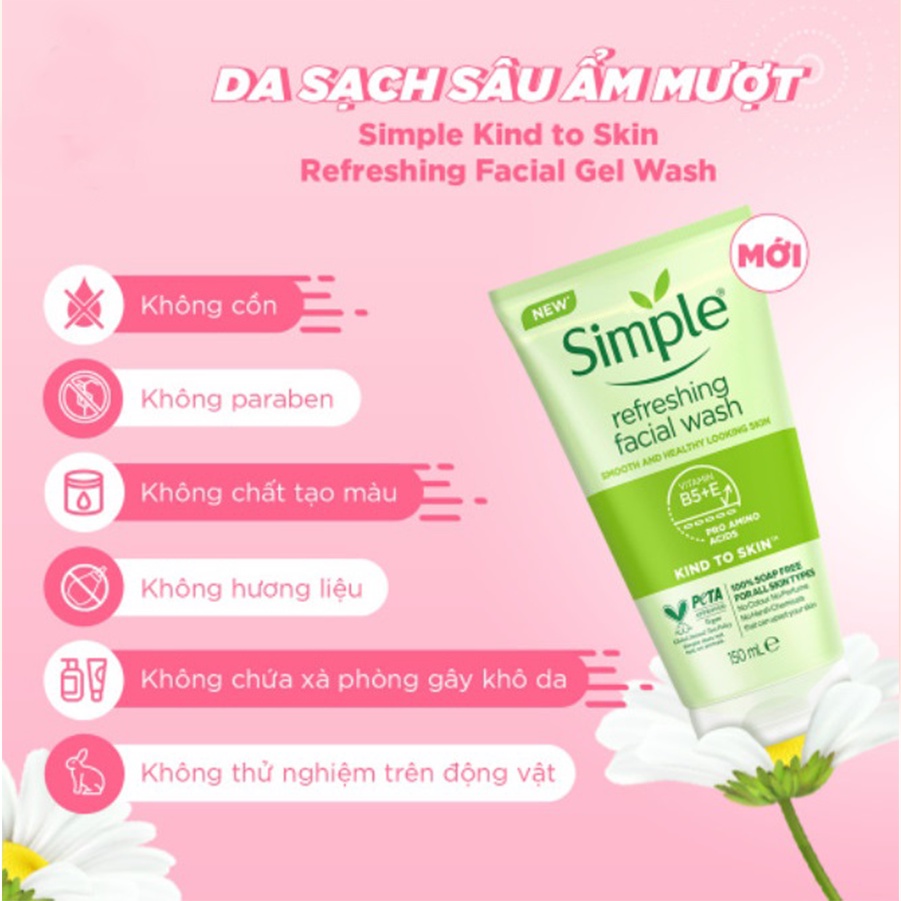 Bộ 3 Sản Phẩm Giúp Da Sạch Sâu Dưỡng Ẩm Cho Da SIMPLE Kind To Skin (Tẩy trang 200ml + SRM 150ml + Toner 200ml)