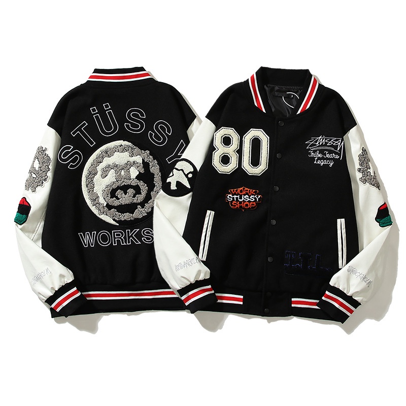 Áo Khoác STUSSY X OUR LEGACY X DENIM TEARS VARSITY JACKET, Màu đen, Tay da trắng BapeVN