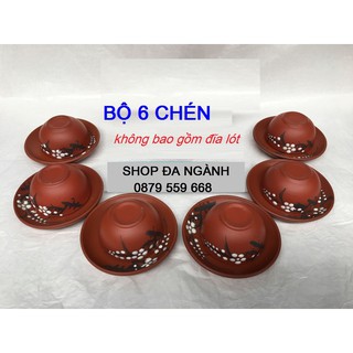 Bộ 6 chén gốm tử sa hoa đào, không đĩa lót