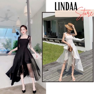 Đầm dự tiệc 2 dây tà xéo bèo phối lưới