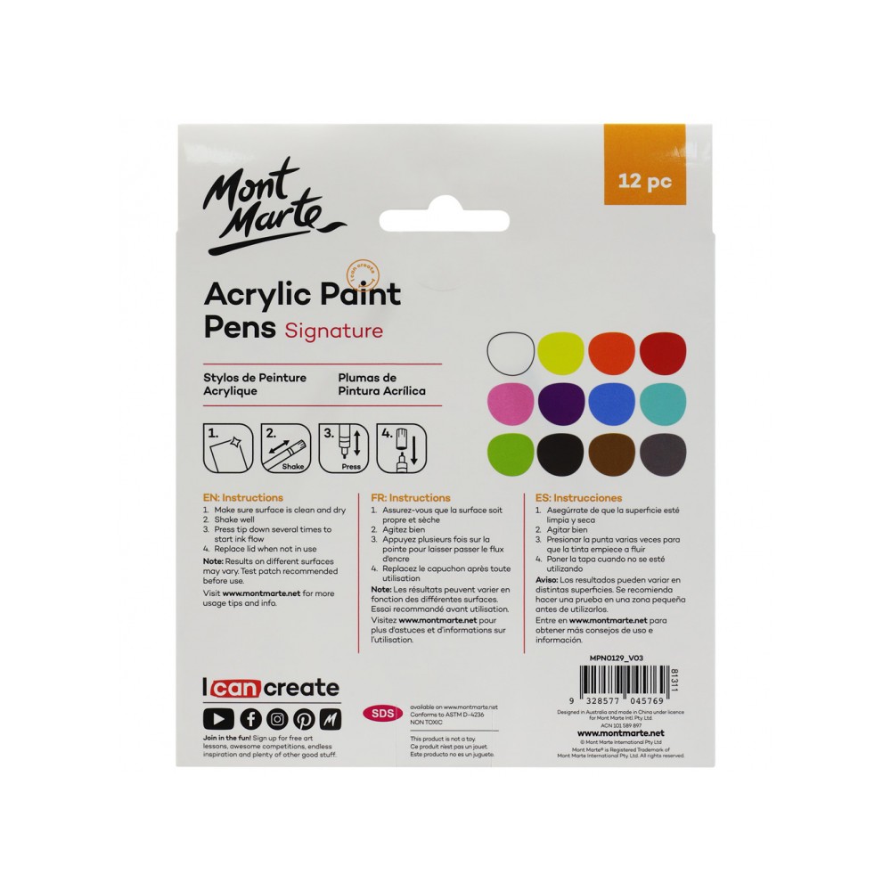 Bút Sơn Acrylic 12 Màu - Acrylic Paint Pens Mont Marte Đầu Bút 1mm - mpn0129 - Vẽ Trên mọi chất liệu
