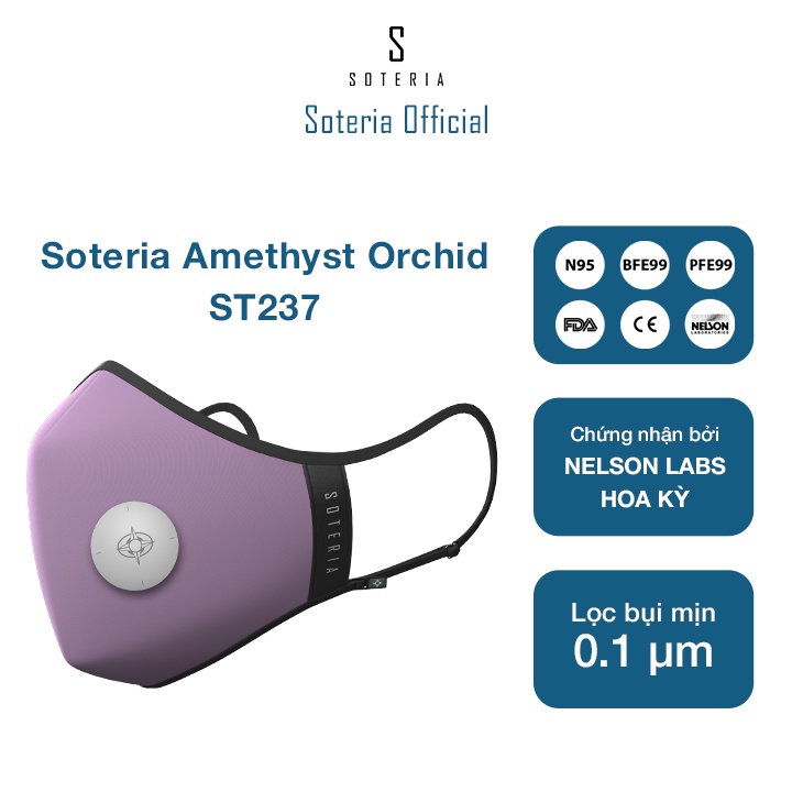 Khẩu trang tiêu chuẩn Quốc Tế SOTERIA Amethyst Orchid ST237 - Bộ lọc N95 BFE PFE 99 lọc đến 99% bụi mịn 0.1 micro