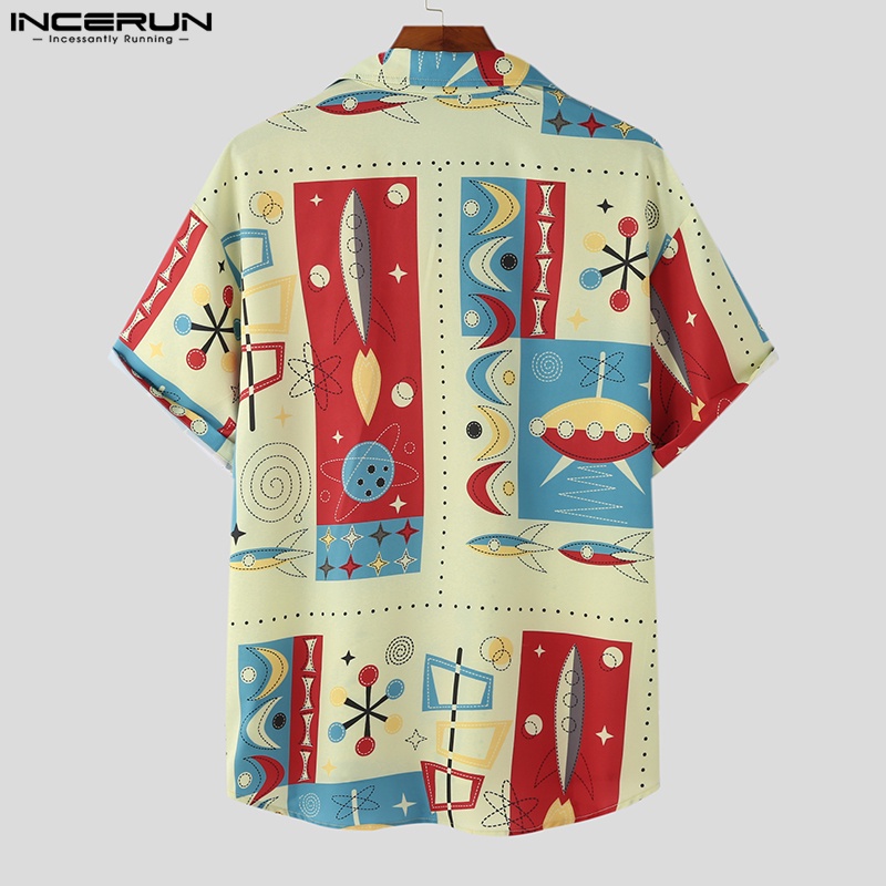 Áo sơ mi INCERUN tay ngắn in hình kèn trumpet phối nút thời trang đi biển cho nam
