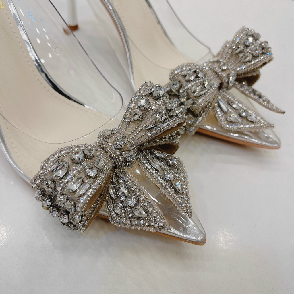 Giày mica nơ đá công chúa gót bạc cao 8cm hàng cao cấp đá sắc nét mẫu mới