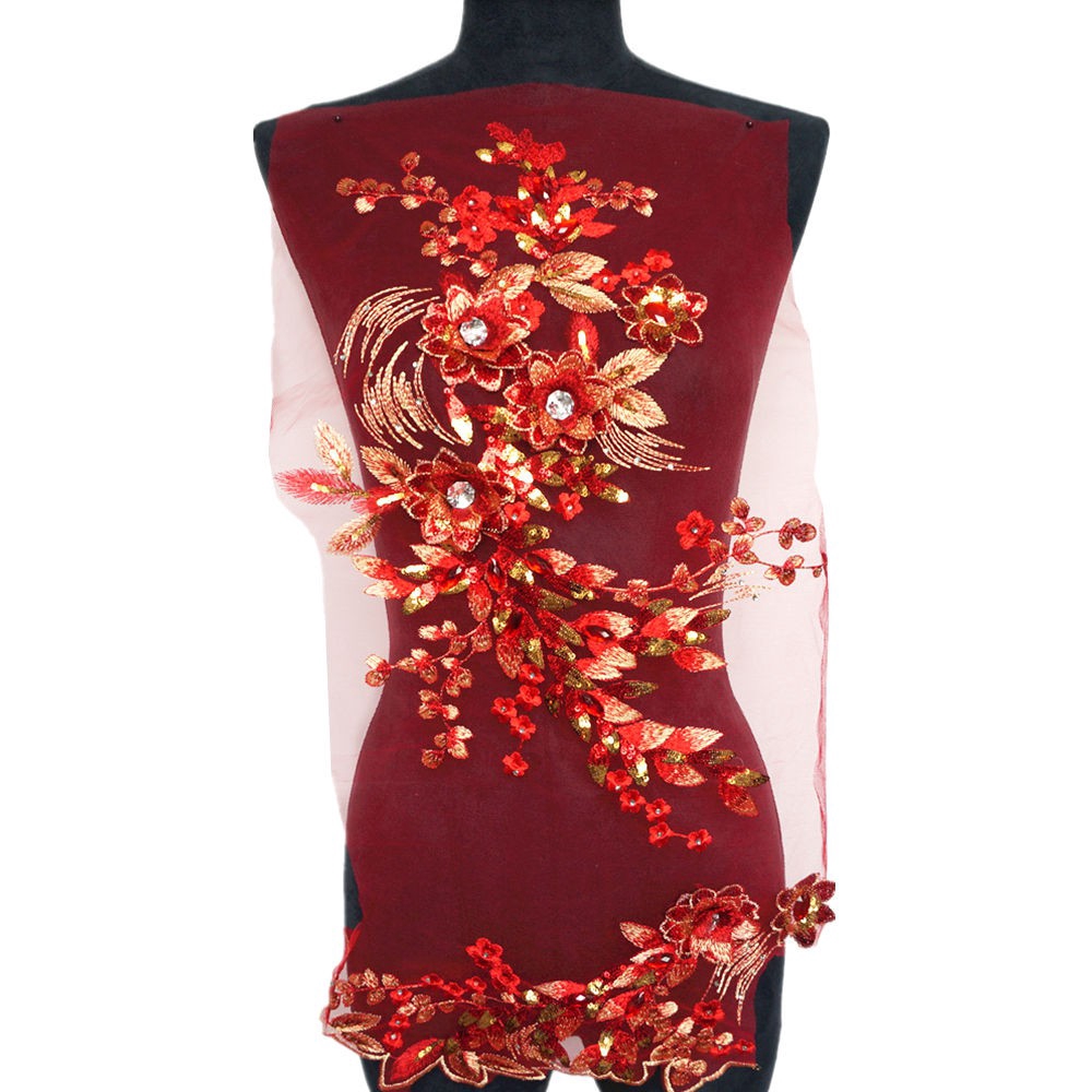 Miếng Vải Ren Thêu Hoa Đính Kim Sa Màu Đỏ Dùng May Cổ Áo Cưới diy