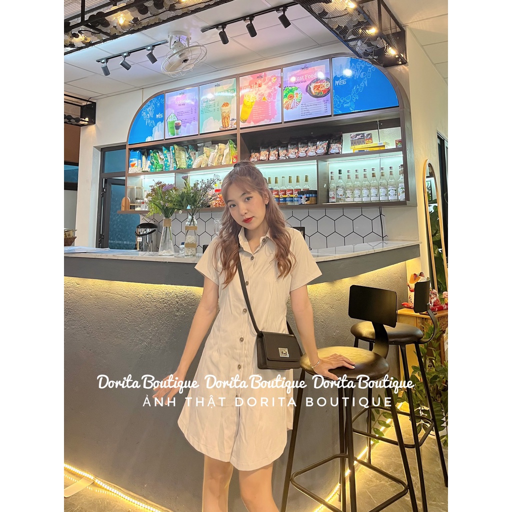 Váy sơ mi chun lưng Basic dáng Hàn, Đầm sơ mi kaki 2 da Hàn Quốc