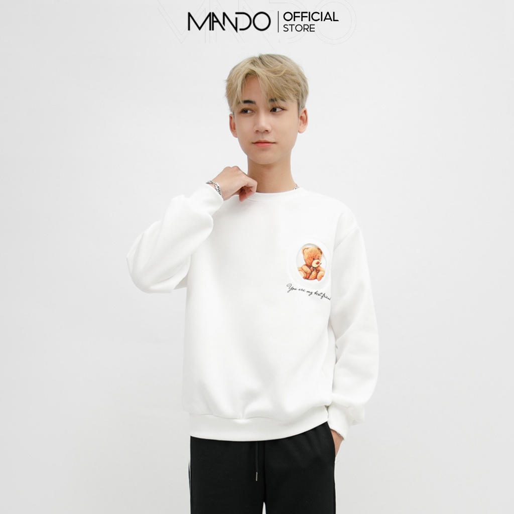 Áo Sweater Nỉ Cao Cấp Dài Tay Nam MANDO Cổ Tròn Họa Tiết In Gấu Form Rộng Basic Unisex Thời Trang Hàn Quốc NDN089
