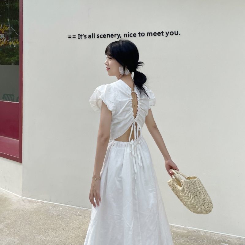 Đầm Chữ A Tay Phồng Phối Dây Rút Xinh Xắn Dành Cho Nữ