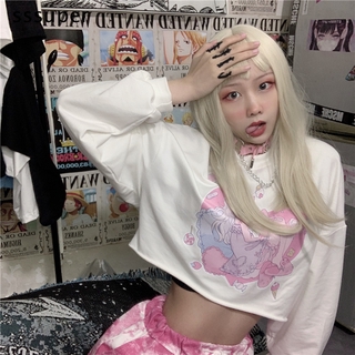 Áo Croptop Tay Dài Hoạ Tiết Hoạt Hình Phong Cách Ulzzang