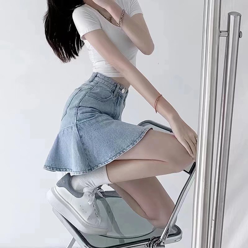 Chân váy SUXI jean chữ A lưng cao màu sắc đơn giản quyến rũ cho nữ