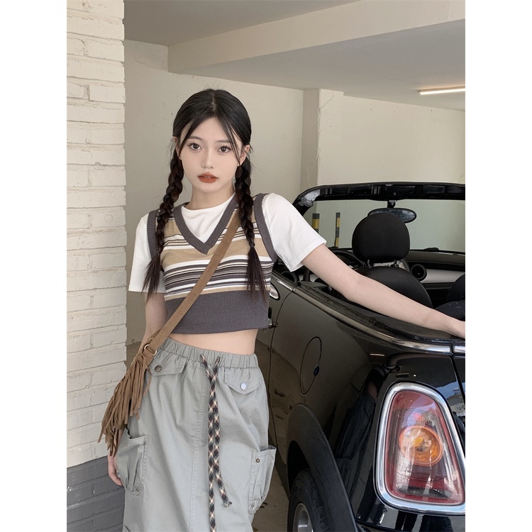 HUANG YOYO Áo Dệt Kim Hai Lớp Họa Tiết Kẻ Sọc Màu Tương Phản Thời Trang Hàn Quốc Dễ Phối Đồ
