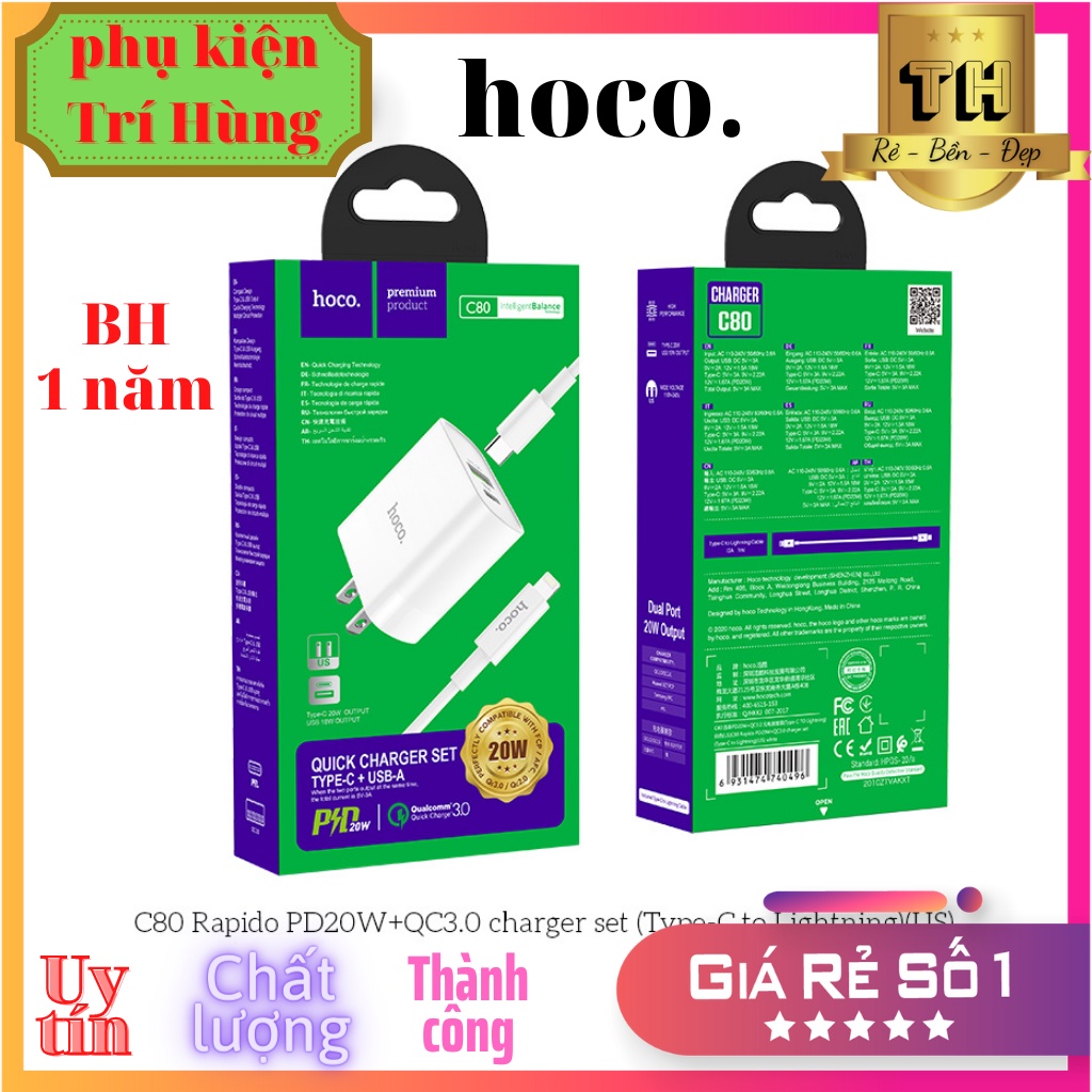 Bộ sạc nhanh iphone HOCO c80 kèm cáp sạc c to lightning sạc nhanh 20W PD QC3.0