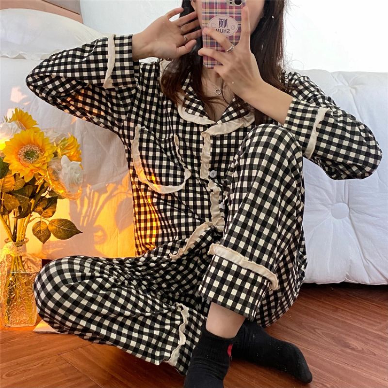 Bộ ngủ pyjama caro viền bèo ( CÓ SẴN )